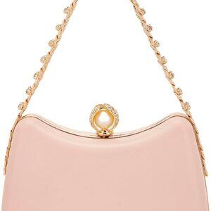 Pink Moon-Shaped Crystal Chain Evening Clutch for Women, Waterproof PU Leather,